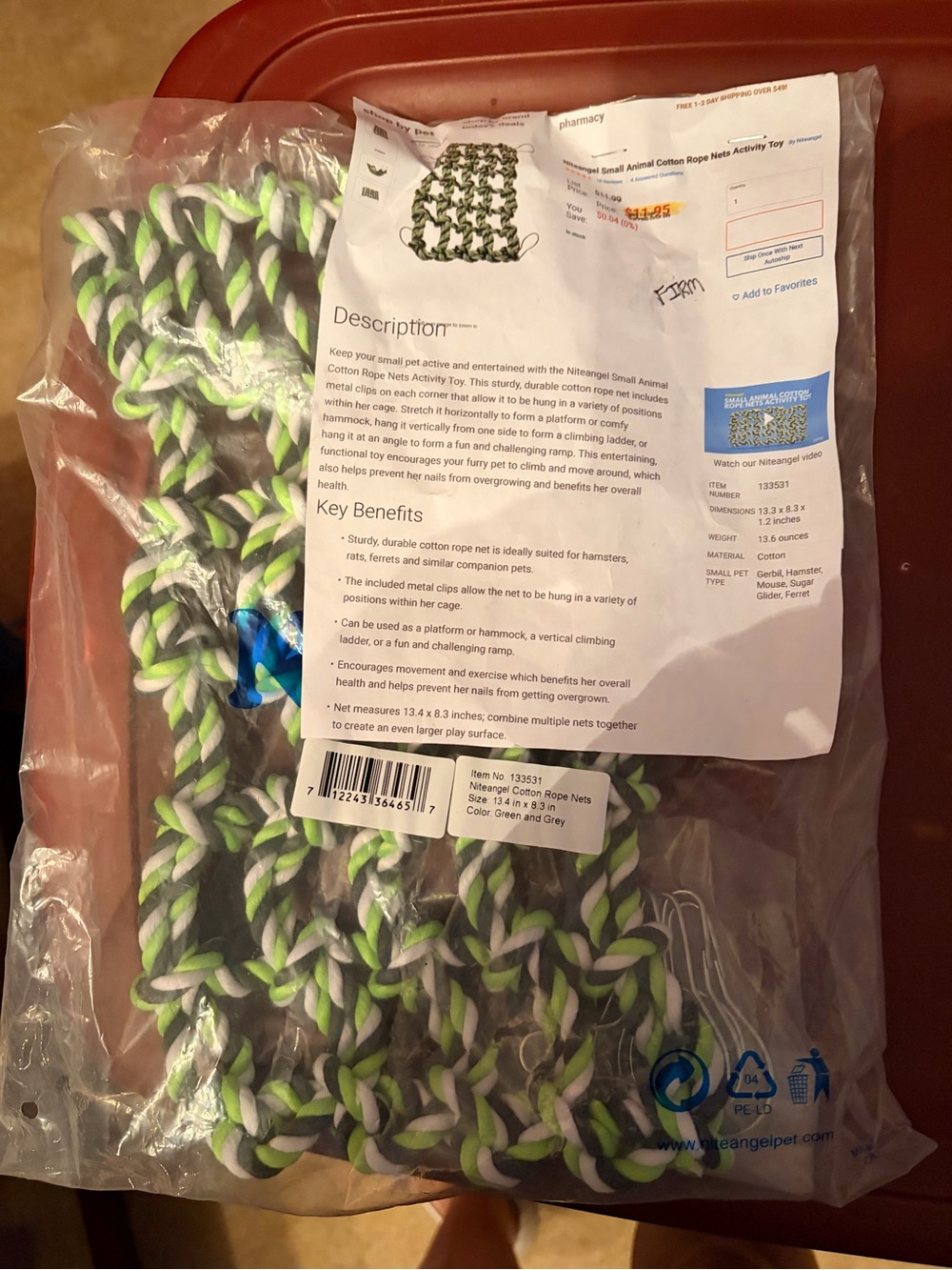 Small Animal Cotton Rope Net Activity Toy - Green & Gray